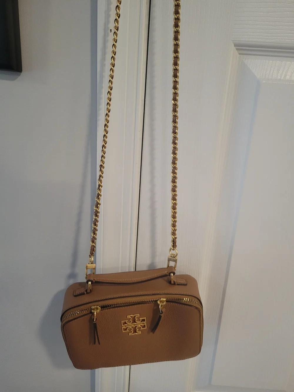 Tory Burch Tan Leather Crossbody Camera Bag with Gold Chain